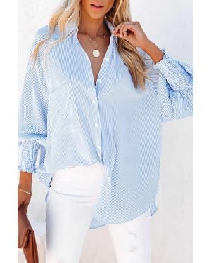 Everyday the Label Sky Smocked Cuffed Striped Boyfriend Shirt With Pocket - Blue