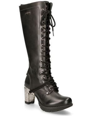 New Rock M-Tr005-S1 Ladies Knee High Gothic High-Heeled Boots Leather - Black