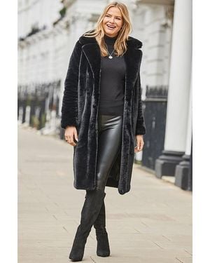 Sosandar Luxury Faux Fur Longline Coat - Black