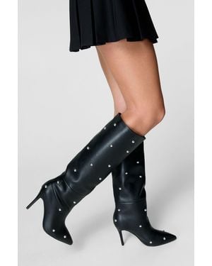 Nasty Gal Faux Leather Dome Stud Knee High Boots - Black