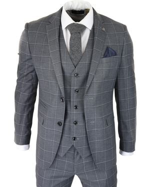 Paul Andrew Suit 3 Piece Check Vintage Retro Smart Wedding Classic Tailored Fit - Blue