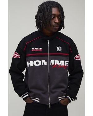 BoohooMAN Boxy Fit Biker Neck Colour Block Moto Jersey Jacket - Black