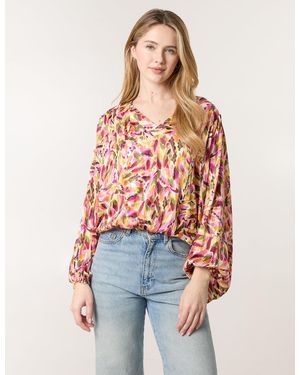 Blue Vanilla Printed V Neck Puffball Top - Red