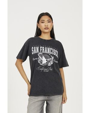 Brave Soul Acid Wash Oversized Graphic T-Shirt - Black