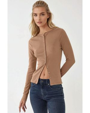 Hiccup Textured Knit Slim Fit Long Sleeve Blouse With Buttons - Blue