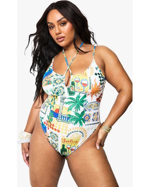 Boohoo Plus Postcard Print Tie Front Bathing Suit - Blue