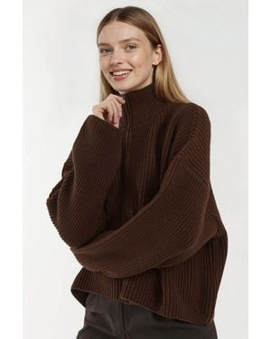 Hiccup Zippered Relaxed Fit Knit Cardigan - Brown