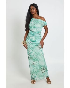 Boohoo Mixed Animal Print Off The Shoulder Mesh Maxi Dress - Blue