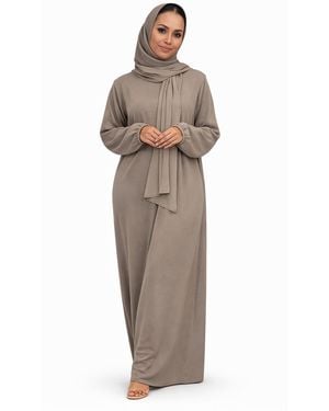 VR2 Denim Ladies Abaya With Scarf Attached Comfortable Modest Dress - Multicolour