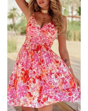 Azura Exchange Floral Spaghetti Strap Surplice Neck Shirred Waist Mini Dress Viscose