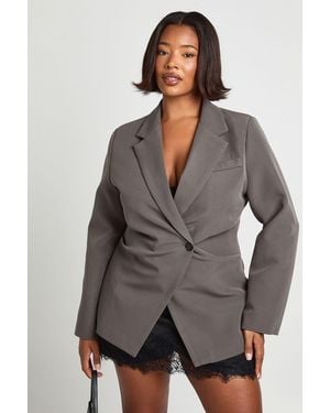 Boohoo Plus Ruched Waist Blazer - Grey