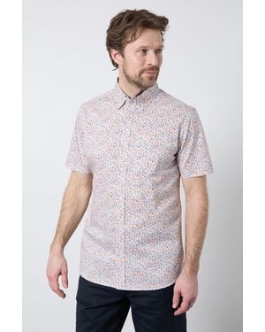 MAINE Floral Print Short Sleeve Shirt Cotton - White