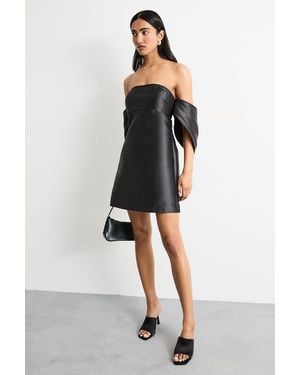 Warehouse Structured Puff Sleeve Bardot Mini Dress - Black