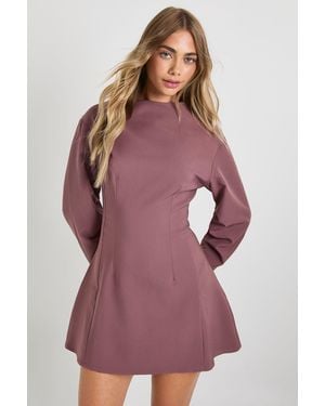 Boohoo Ruched High Neck Barrel Sleeve Skater Dress - Purple