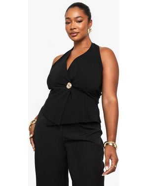 Boohoo Plus Halter Wrap Front Button Waistcoat - Black