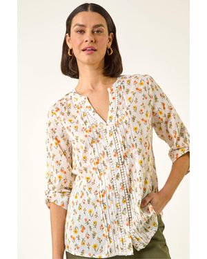 Roman Floral Print Trim Blouse - Natural