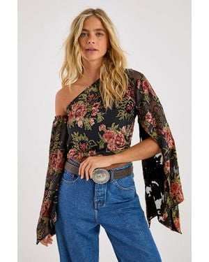 Nasty Gal Floral Devore Off The Shoulder Fluted Sleeve Top - Blue