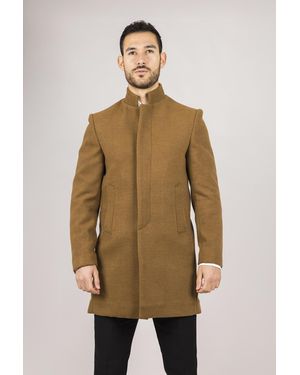 TruClothing Tan Stand Collar Wool Blend Overcoat - Natural