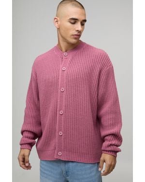 BoohooMAN Oversized Fisherman Rib Knitted Button Up Cardigan - Pink
