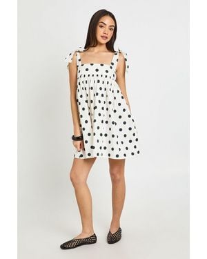 Boohoo Polka Dot Tie Shoulder Mini Smock Dress - White