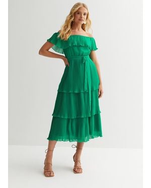Gini London Pleated Tiered Bardot Midaxi Dress - Green