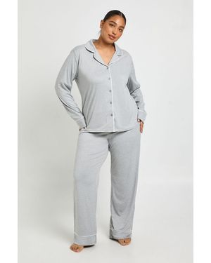 Boohoo Plus Piping Detail Long Sleeve Shirt & Trouser Pyjama Set - Grey