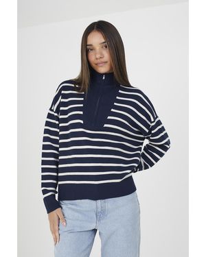 Brave Soul 'Jottie' Striped 1/2 Zip Knitted Jumper - Blue