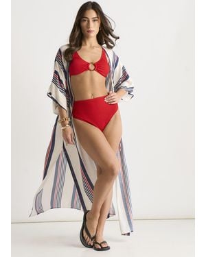 Gini London Multi Stripe Tie Detail Kimono Beachwear - Red