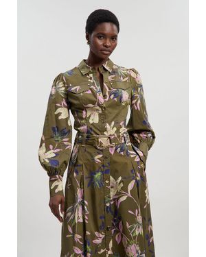 Karen Millen Floral Print Cotton Sateen Woven Volume Sleeve Shirt - Green