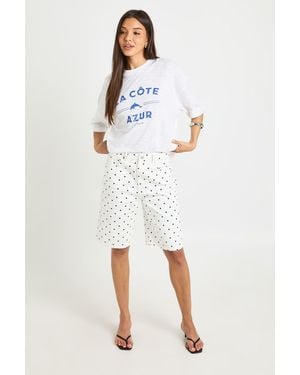 Boohoo Polka Dot Denim Jort - White