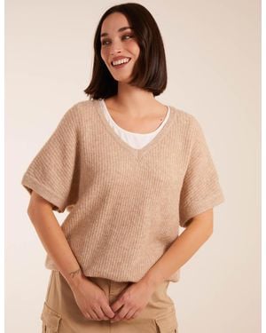 Blue Vanilla Puff Sleeve V-Neck Knit Top - Natural