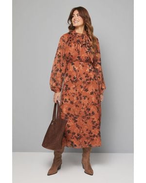 Wallis Floral Burn Out Tie Neck Midi Dress - Orange