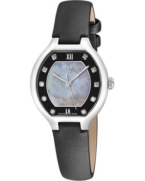 Gevril Lugano Swiss Diamond Watch, Mop Dial 316L Genuine Italian Leather - Black