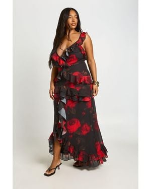 Boohoo Plus Floral V Neck Chiffon Ruffle Maxi Dress - Red
