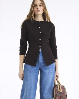 River Island Top Knit Button Up Long Sleeve Viscose - Black