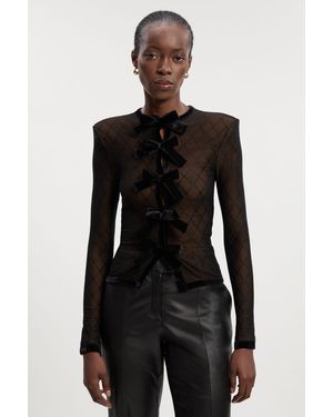 Karen Millen Mesh With Velvet Bow Trim Detail Crew Neck Long Sleeve Top - Black