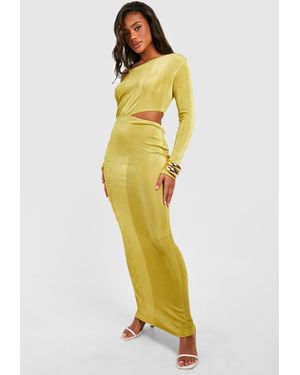 Boohoo Slash Neck Ruched Acetate Slinky Cut Out Maxi Dress - Yellow
