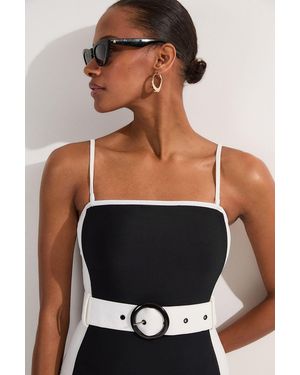 Karen Millen Contrast Panelled Bandeau Swimsuit With Belt - Black