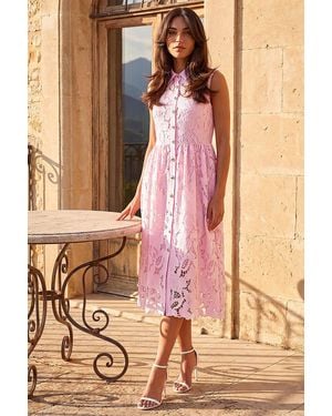 Roman Crochet Lace Shirt Belted Midi Dress - Pink