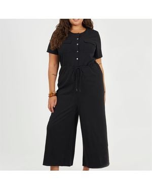 Brave Soul Crew Neck Short Sleeve Solid Patterned Culotte Jumpsuit - Black