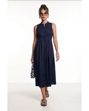 Happiness İstanbul Mandarin Collar Sleeveless A-Line Midi Dress - Blue