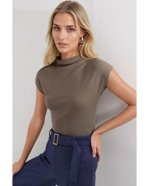 Busem Fitted Mock Neck Cap Sleeve Knitted Blouse - Natural