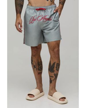 BoohooMAN Crotch Embroidered Mid Length Swim Short - Grey
