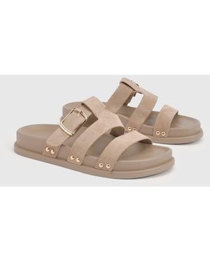 Boohoo Faux Suede Double Strap Cut Out Footbed Sliders - Grey
