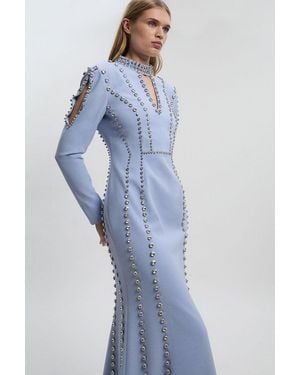 Karen Millen Crystal Embellished Woven Plunge Detail Maxi Dress - Blue