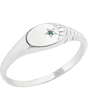 The Jewellery Stockroom Sterling Ribbed Signet Ring Emerald Cz Stone And Moon Detail - White