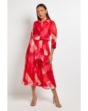 PRINCIPLES Petite Watercolour Geo Organza Shirt Dress - Red