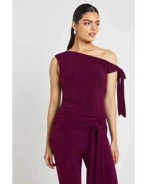 Boohoo Double Layer Slinky Asym Shoulder Knot Detail Top - Purple