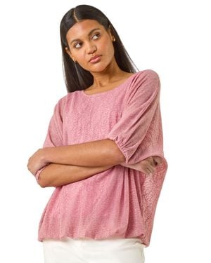 Roman Mesh Bubble Hem Stretch Top - Pink