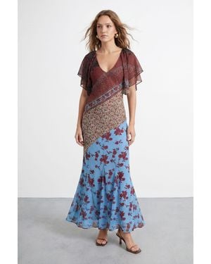 Warehouse Premium Floral Border Print Fluted Sleeve Maxi - Blue